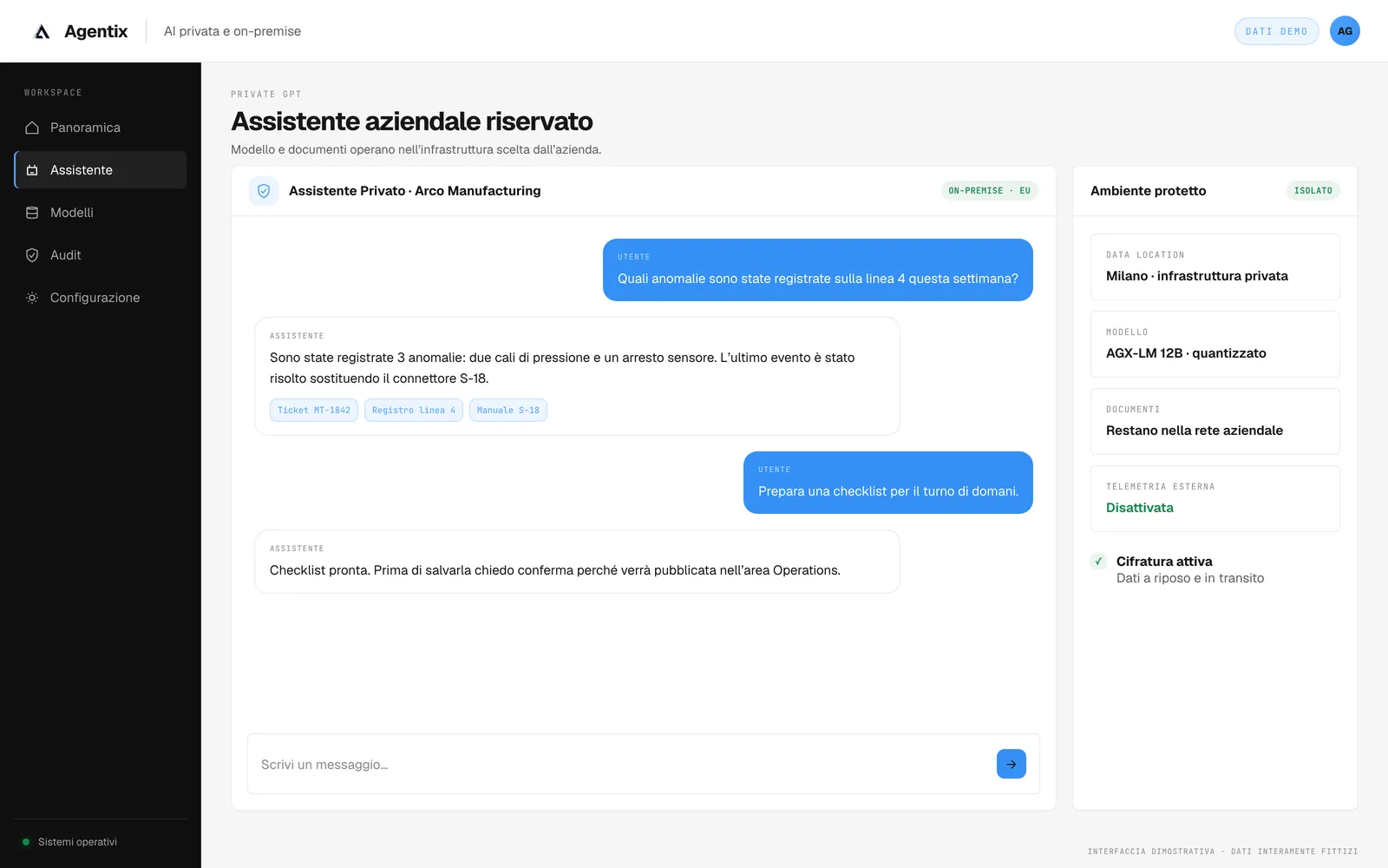 Assistente aziendale riservato su infrastruttura on-premise che risponde citando i documenti interni