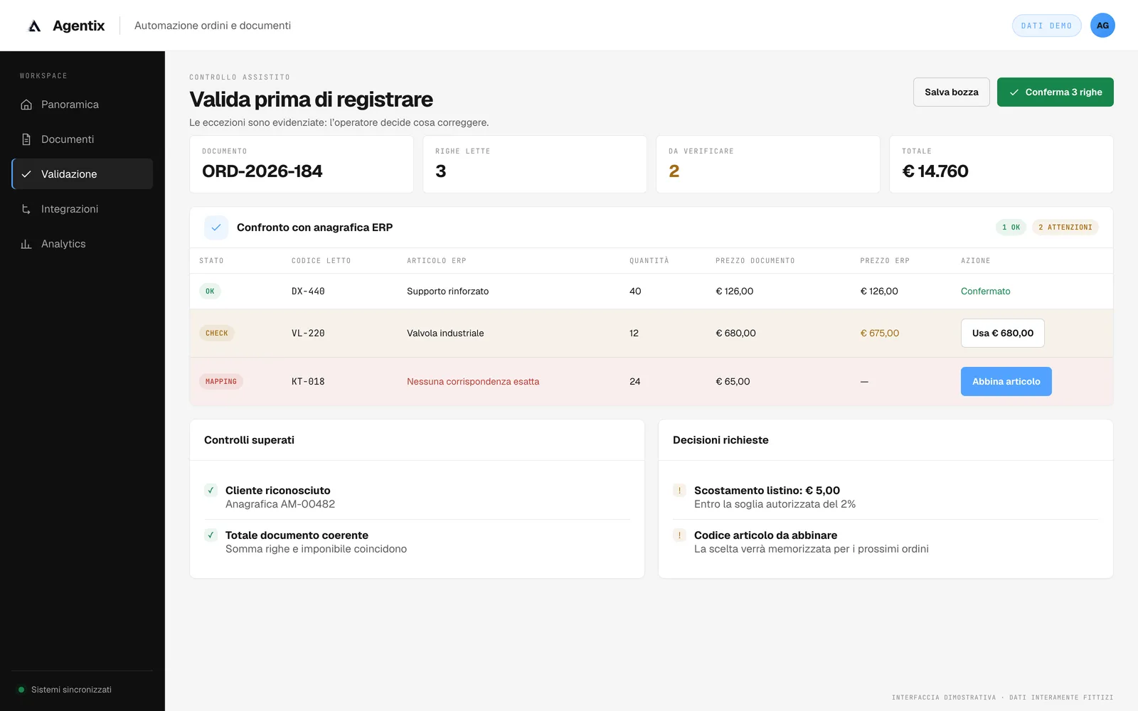 Schermata di validazione con confronto sull’anagrafica ERP e righe da controllare evidenziate