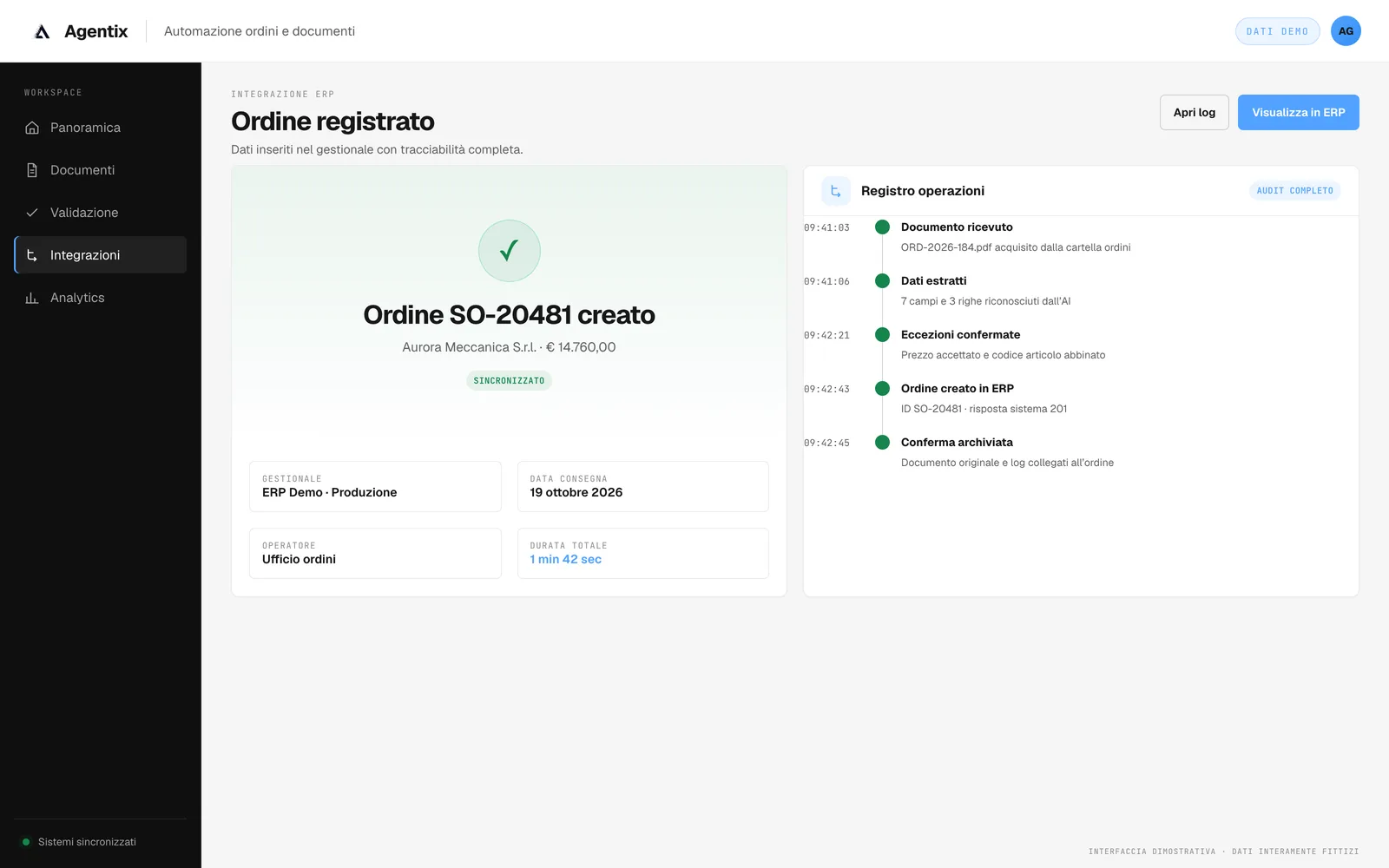 Ordine creato nel gestionale con registro delle operazioni eseguite